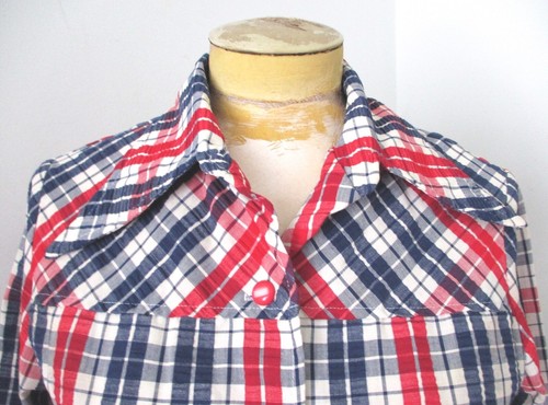 Blusa Top de Colección Años 70 JCPenny RWB Rojo Blanco Azul a Cuadros Seersucker Botones M/L - Imagen 2 de 6