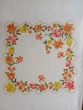Vintage White w/Pink Orange Peach Rose Floral Handkerchief/Hankey 15x15