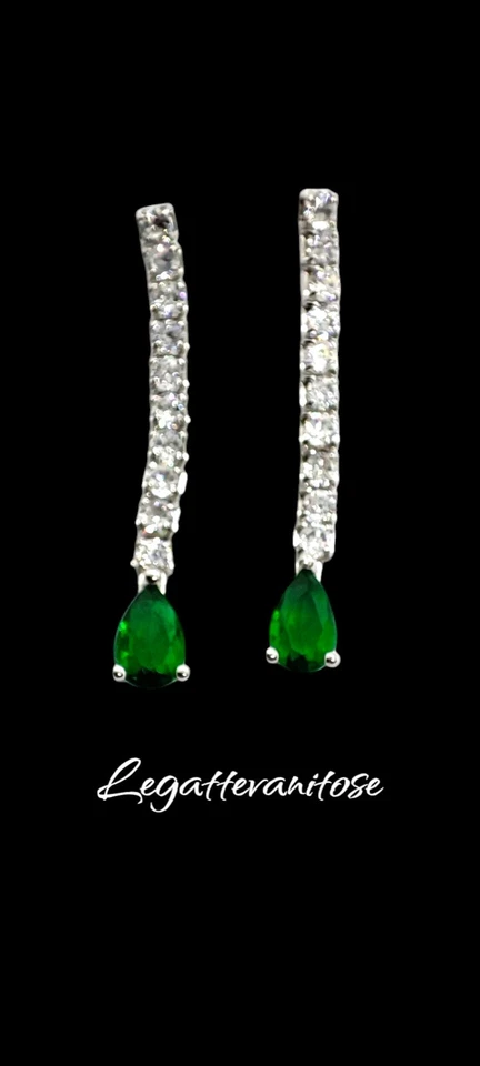 Orecchini Argento 925. orecchini tennis pendenti  2 mm bianchi e verde smeraldo - Immagine 4 di 4