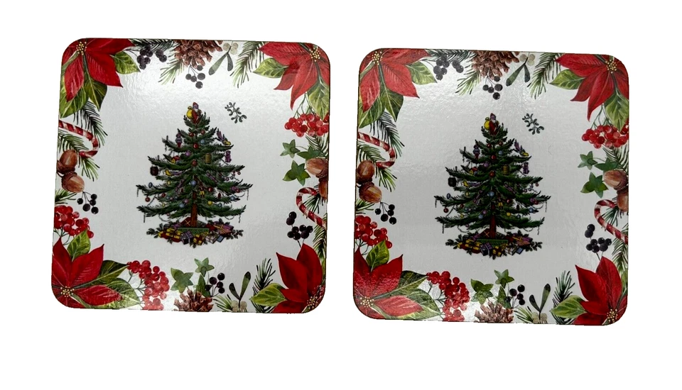 2 Spode Christmas Tree Tea Coffee Cups with Coasters In Metal Decorative Tin Set - Image 3 of 4