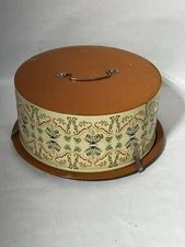 Vintage Decoware Orange Green Pattern Tin Cake Carrier