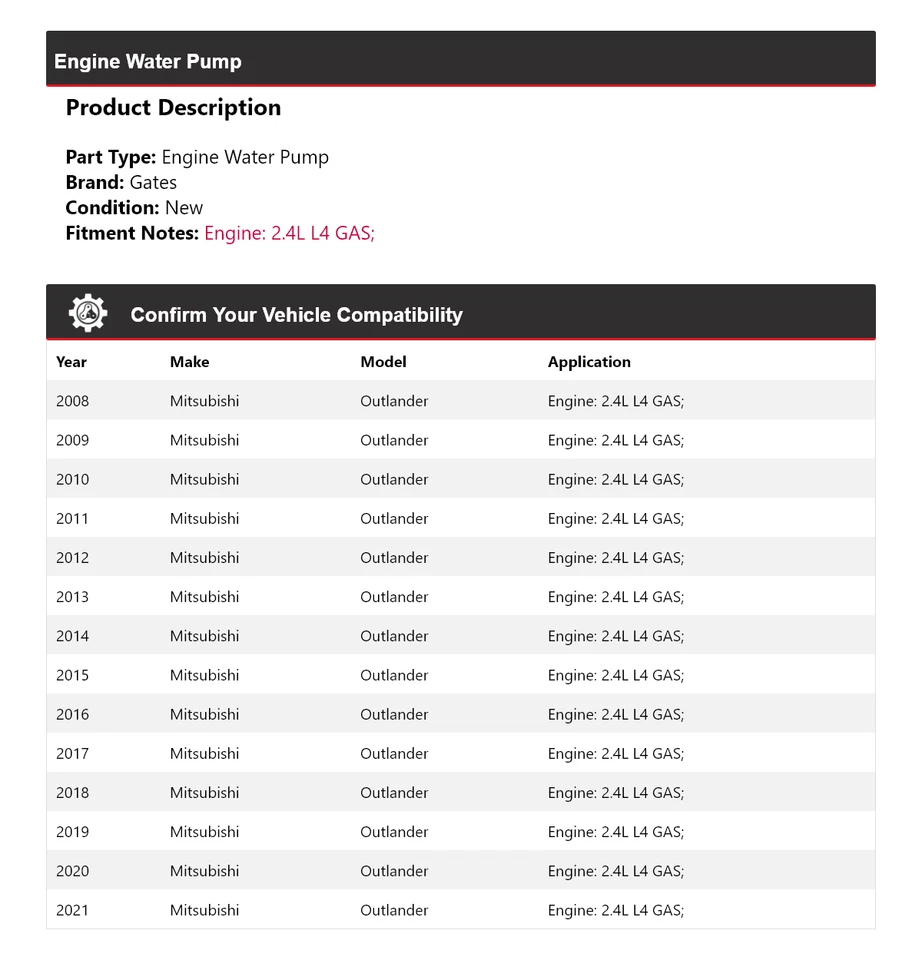 Para Mitsubishi Outlander 2008-2021 2,4 L L4 Motor Gas Bomba Agua Puertas 2009 2010 Foto 2 de 4