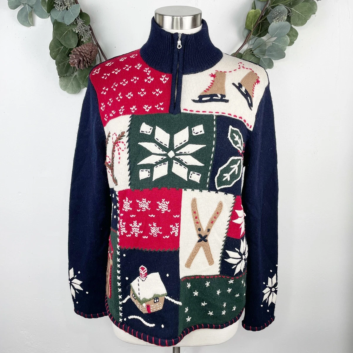 Vintage Christmas Sweater L 100% Lambswool Snowman Tree Patchwork