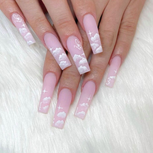 Butterfly Cloud Pattern Pink False Nails Long Coffin Full Cover Press On Nails Ebay