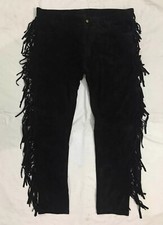 Men Native American Western Cowboy Leather Pants Full Leg Fringe Suede Leather