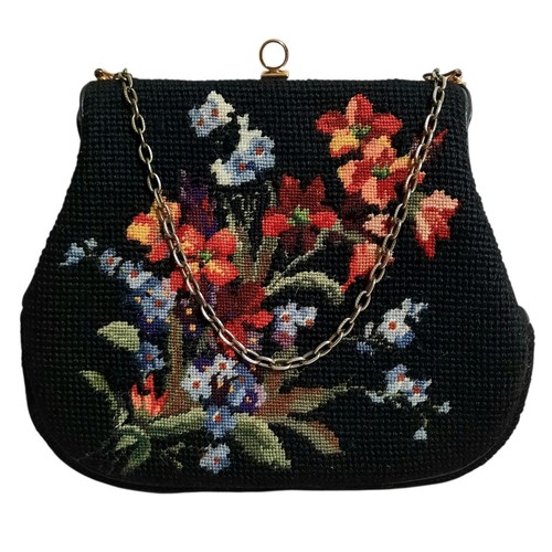 Elvette VTG Tapestry Handbag Needlepoint Purse Black Floral 6.5" x 8"