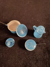 Miniature Dollhouse Blue & White Speckled Enamelware Pots, Pans & Coffee Pot