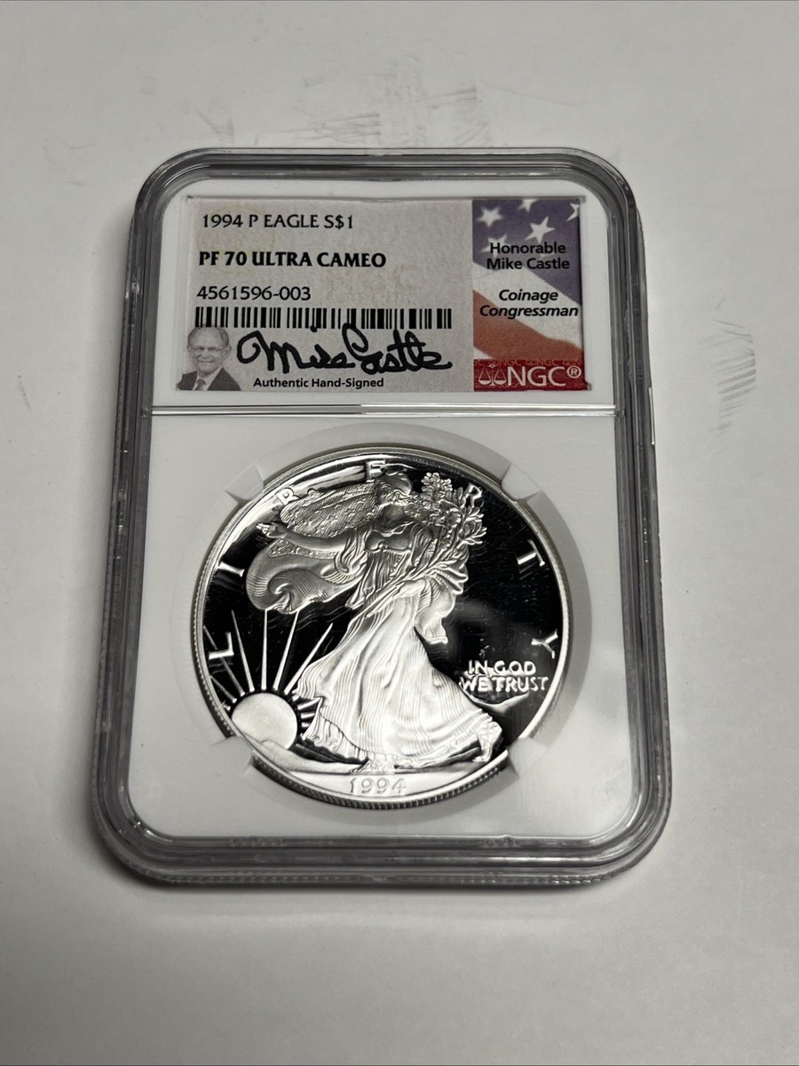 1994-P NGC PF70 Mike Castle-signed American Silver Eagle Dollar
