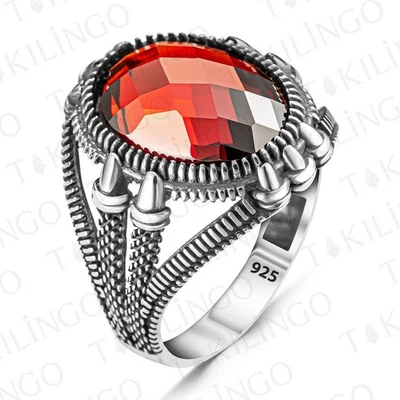 Bague Chevalière Griffes Homme Argent Massif 925 Pierre Zircon Rouge - Photo 1/3