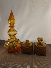 Vintage Empoli Italian Glass Set Corset Shape Amber Genie Bottle Decanter Old