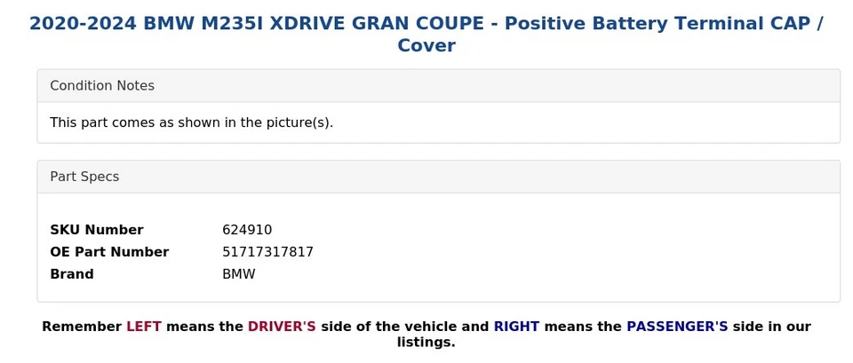 2020-2024 BMW M235I XDRIVE GRAN COUPE - Positive Battery Terminal CAP / Cover - Image 4 of 4