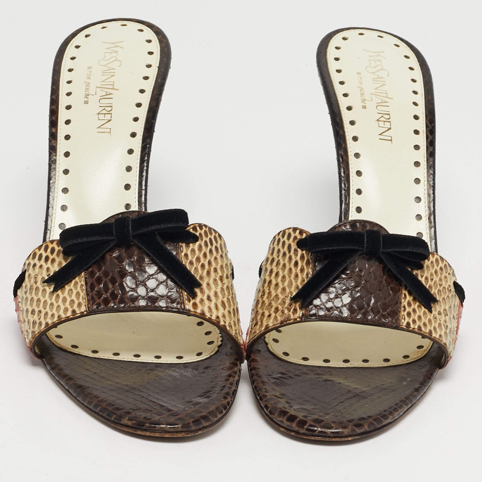 Saint Laurent Size 38.5 Multicolor Snakeskin Leather Bow Slide Sandals thumbnail 3