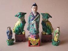 5 OLD CHINESE BISCUIT GLAZED PIECES ----- 3 FIGURES & A PAIR OF FOO DOGS