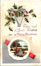 Vintage Embossed Merry Christmas Postcard with Holly & Harp Scenic View
