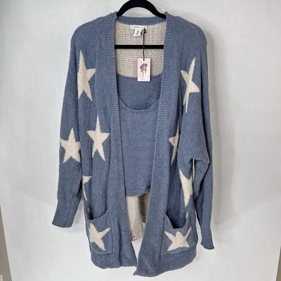 Sincerely Jules 2 Piece Cardigan Tank Blue Stars Large Cozy Lounge Pockets Nwt