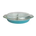 Vintage Pyrex Oval Turquoise 1  1/2 Qt Divided Casserole Dish W/Lid 29