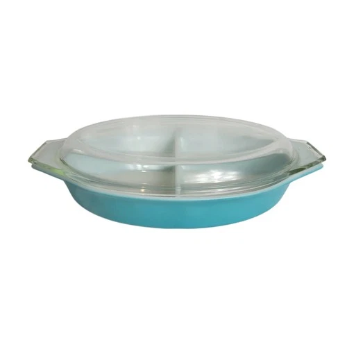 Vintage Pyrex Oval Turquoise 1  1/2 Qt Divided Casserole Dish W/Lid 29