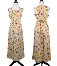 Vtg 90s Maxi Dress Linen M Earthy Floral Romantic Boho Cottagecore Prairie 2949