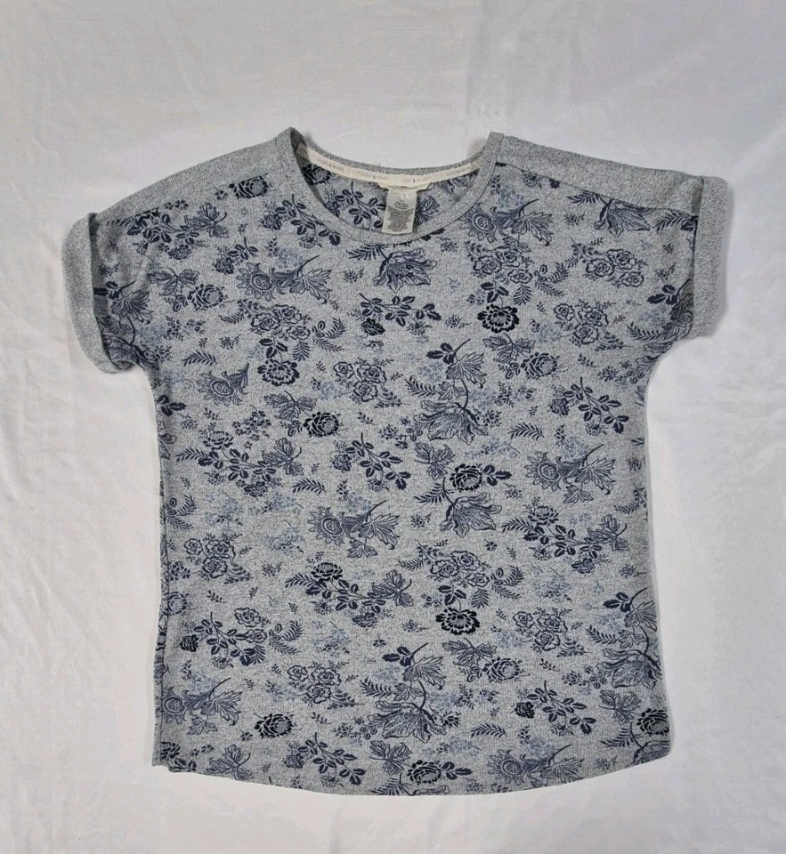 Lucky Brand Boho Floral Tee Small Gray Soft Knit College Casual Everyday Wear