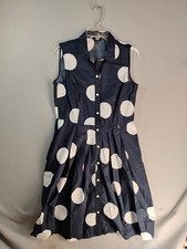 Talbots Womens Shirtdress 10 Blue Polka Dot Fit Flare Collared Cotton Pockets