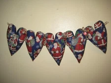 Country Christmas Decor 5 Santa Claus Fabric Hearts 18 in. Garland Handmade 
