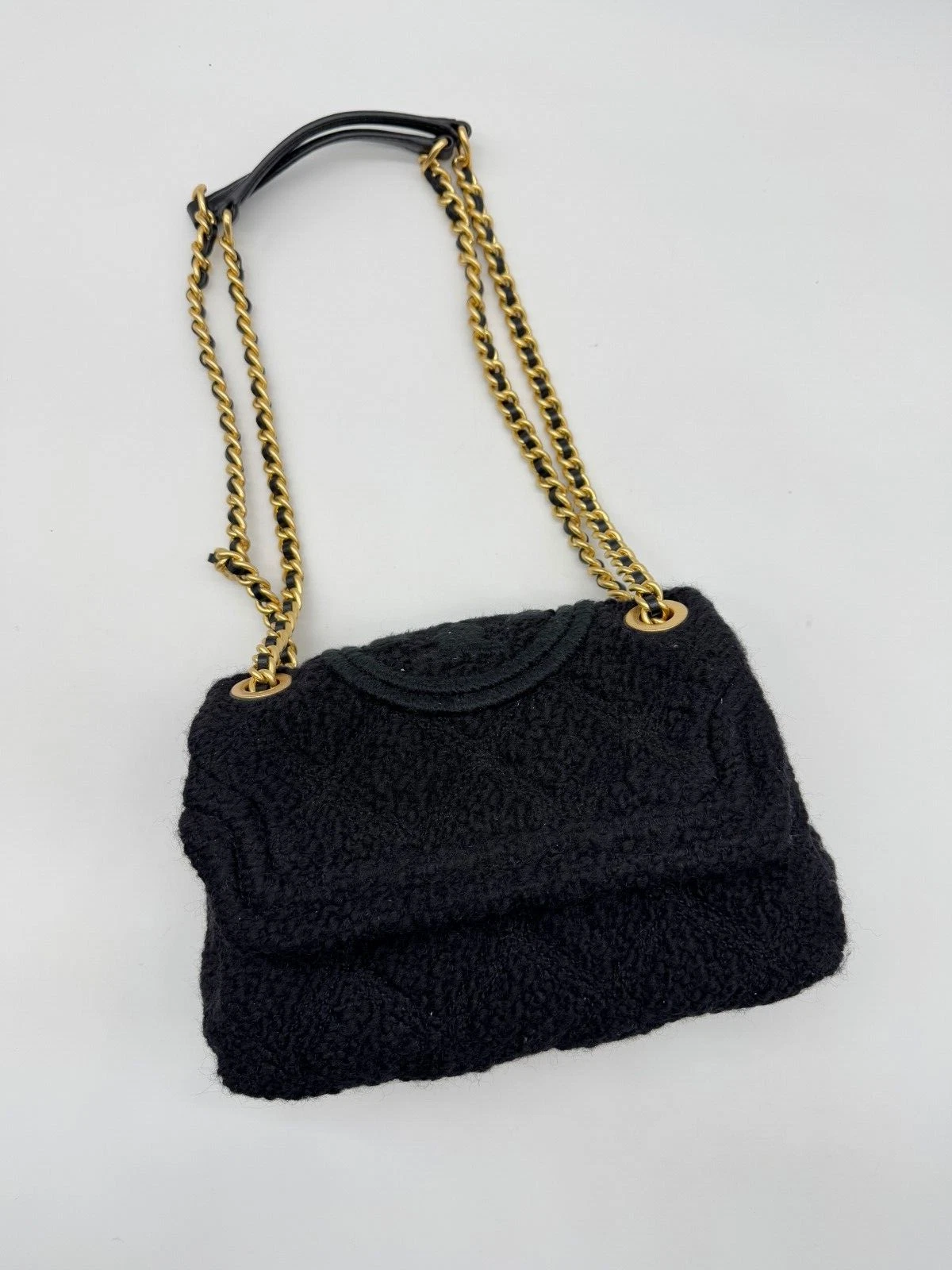 Borsa a tracolla TORY BURCH Fleming morbida tweed bouclé piccola convertibile Nero
