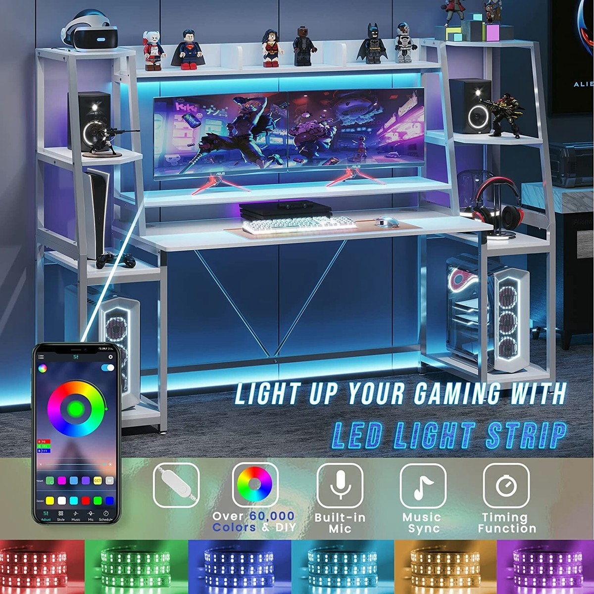 White Gaming Desk 78.8'' with LED Lights Ergonomic Computer