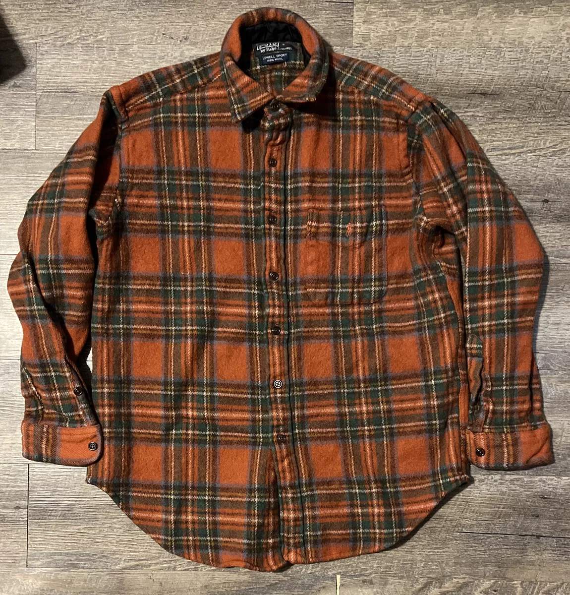 Polo Ralph Lauren Lowell Sport 100% Wool Heavy Orange Flannel Plaid Shirt  Large