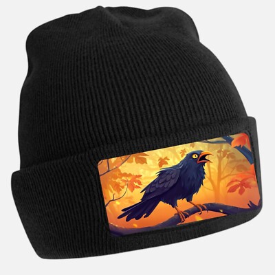 Black Beanie Hat with Cool Angry Crow Motif - Unisex Cap, Cotton
