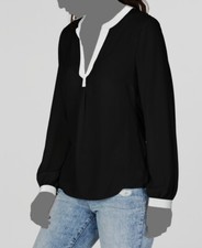  60 INC International Concepts Womens Black Contrast Trim Pullover Blouse Size M