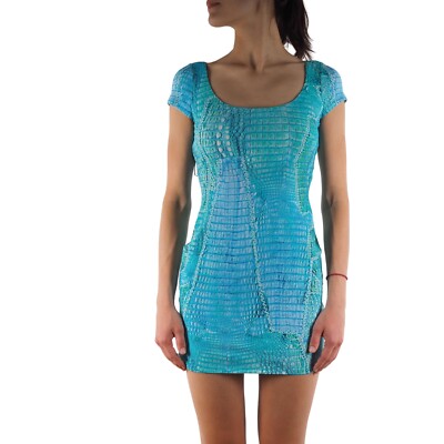 Roberto Cavalli Aquamarine Reptile Print Lace-Up Bodycon Mini Dress Size IT 40