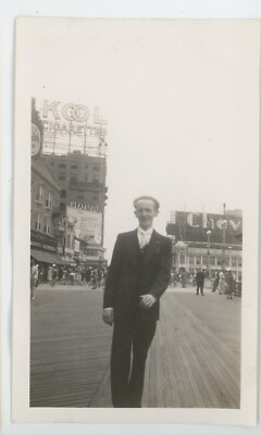 Vintage Photo Dapper Man Walks Boardwalk KOOL Cigarettes Brooklyn NY 1940
