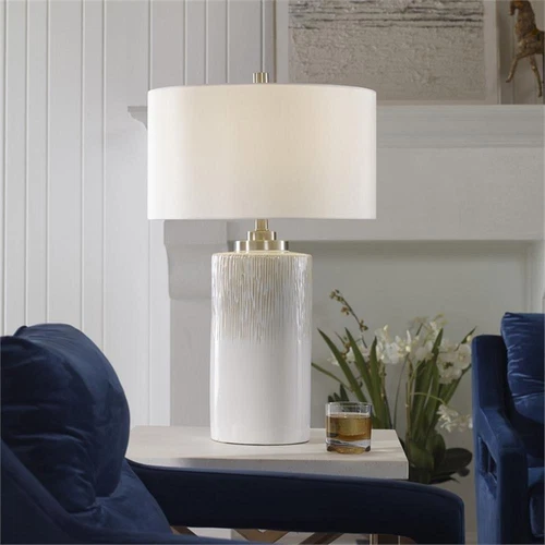 Uttermost Georgios Iron Ceramic and Linen Cylinder Table Lamp in Aged White - Picture 9 of 11