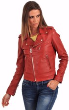 Women's Red Genuine Lambskin Leather Motorcycle Slim Fit Biker Leather Jacket