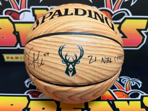 Khris Middleton Milwaukee Bucks Signed Spalding Team Logo Woodgrain Basketball - Picture 1 of 5