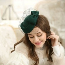 Women Lady Wool Pillbox Hats Top Vintage Bow Knot Wedding Veil Bowler Felt Cap