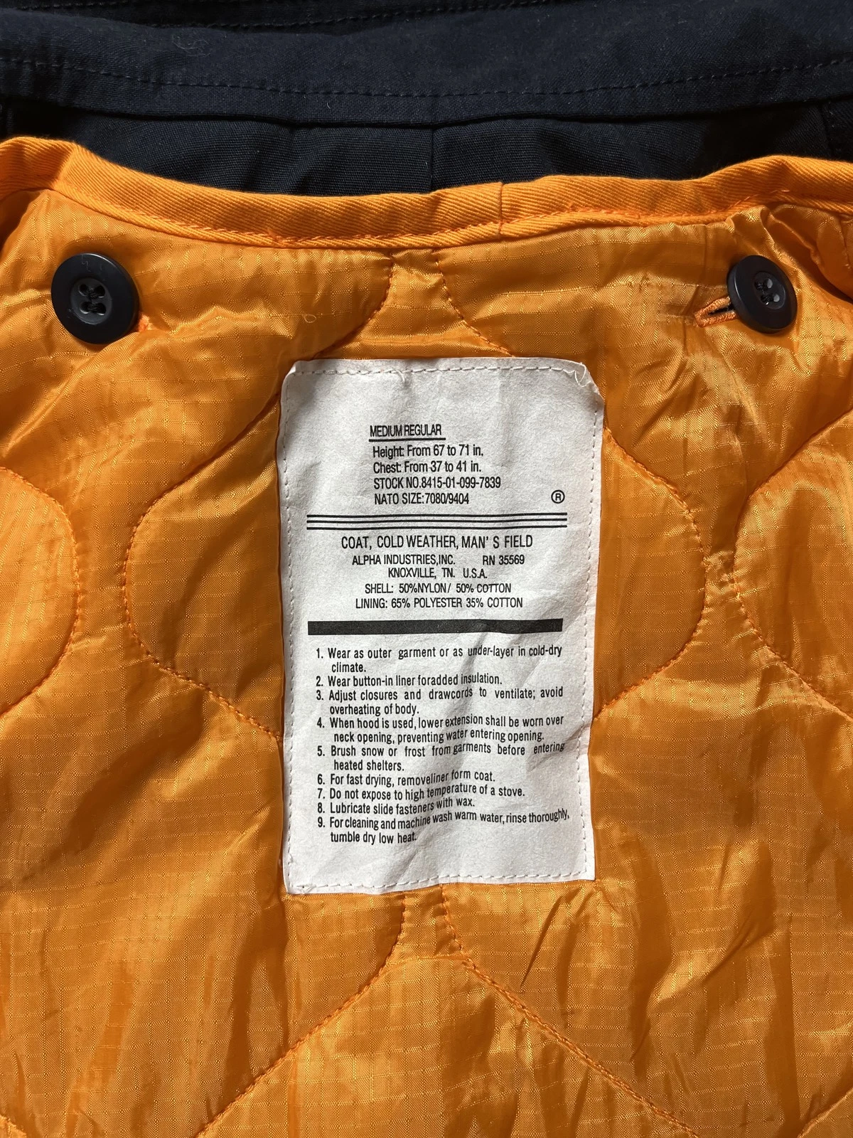 Alpha Industries M-65 Field Jacket Mens M Navy Blue Orange Quilted Liner Hood - product detail image 11