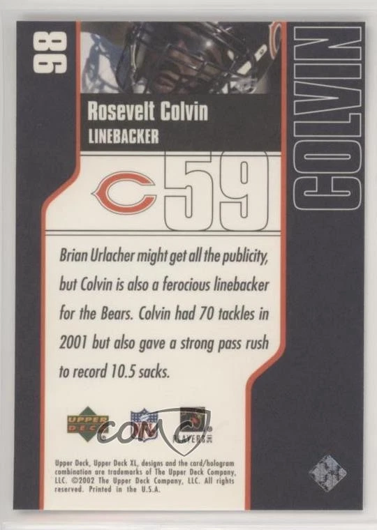2002 Upper Deck XL Rosevelt Colvin #98 Rookie RC - Image 2 of 2