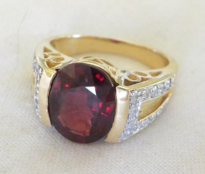 Solid 14k Yellow Gold Bright Red Garnet Diamond Ring - 5.80 gm, Sz6.75, 3.72 ctw