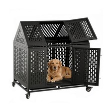 44 Inch Heavy Duty Indestructible Dog Crate with Wheels, Steel Escape-Proof I...