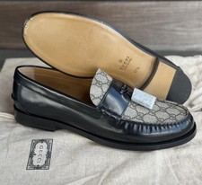 Gucci Mens GG Logo Leather Loafers Shoes Black/Beige 11.5G / 12US