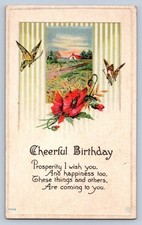 Vintage Cheerful Birthday Postcard with Butterflies  Poppies 1092