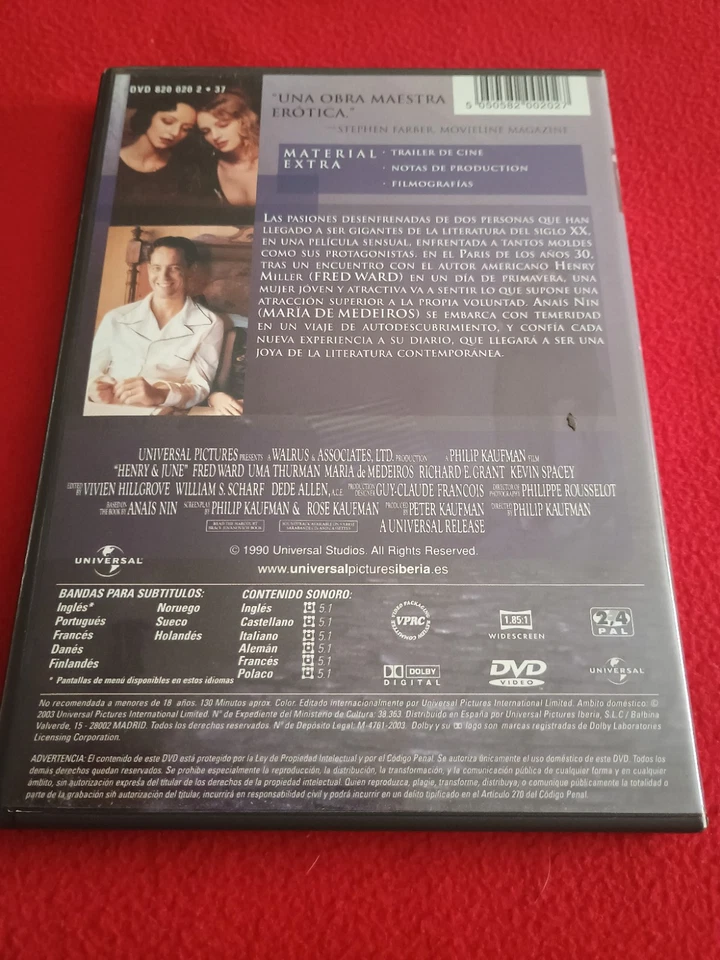 Dvd Henry & june Diario íntimo de Anaïs nin - Uma thurman Fred ward Kevin spacey - Imagen 2 de 2