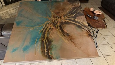 Large Abstract Canvas Painting Blue Brown Gold Splash Unframed Single Piece