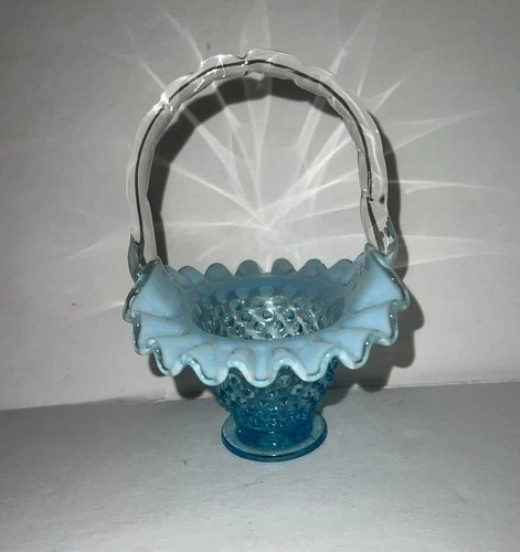 Fenton Vntg Pre 70s EUC Blue Opalescent 5.75” Hobnail Basket,Clear Bamboo Handle