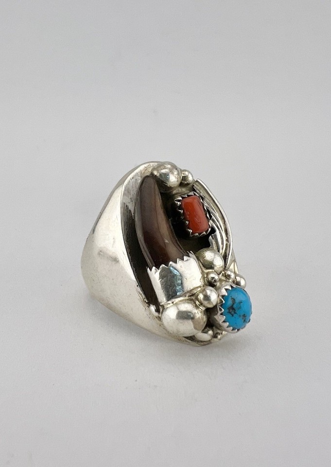Vintage Navajo Sterling Silver Kingman Turquoise & Coral Men's Ring 20g ...