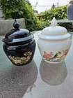 Two Vtg Avon Ginger Jars: Milk Glass Bird Floral & Black Amethyst 6"x4"