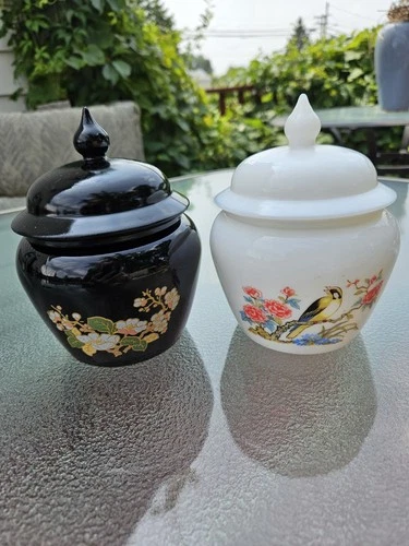 Two Vtg Avon Ginger Jars: Milk Glass Bird Floral & Black Amethyst 6"x4"