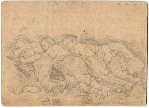 German WWI Original Hand Drawn Pencil Sketch Packed like Sardines 1917 Soldiers