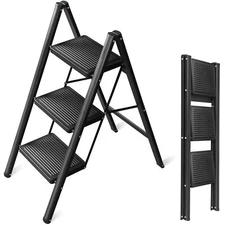 Step Ladder 3 Step Safer Full Steel Multi-use Kitchen Ladder W/ Anti-Slip Black